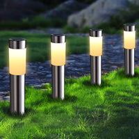 1 x RAW Customer Returns Joomer Solar Lights for Outdoors 4 Pack Stainless Steel LED Solar Lights Garden Outdoor Light Weatherproof Warm White Path Light Cylindrical Garden Light Auto On Off for Patio Lawn Terrace Driveways - RRP €30.99