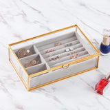 1 x RAW Customer Returns HCENJOC Golden Vintage Clear Glass Jewelry Box with Gray Velvet Organizer 21 x 13.5 x 5 cm  - RRP €38.99