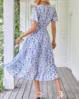 1 x RAW Customer Returns Women s Summer Long Dress V-Neck Short Sleeve Floral Maxi Dress A-Line Ruffle Summer Dress Slit Belt Boho Beach Dress Wrap Dress 2023, B Purple, M - RRP €34.27