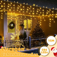 1 x RAW Customer Returns Ollny Ice Rain Fairy Lights Outdoor 15M 594 LED Fairy Lights Outdoor Warm White with Plug Remote Control Waterproof 8 Light Modes Christmas Lights Outdoor for Balcony Gutter Window House Railing - RRP €37.3