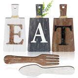 1 x RAW Customer Returns Chopping Board Eat Sign Set Hanging Art Kitchen Eat Sign Fork and Spoon Wall Decoration Rustic Primitive Country Farmhouse Kitchen Decor for Dining Room White, Gray Black, Brown  - RRP €23.99