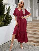 1 x RAW Customer Returns KOJOOIN women s summer dress lace short sleeve maxi dresses boho beach dress long ruffle flounce dress V-neck casual dress with buttons party dress REUSEABLE packaging , A-wine red, XXL - RRP €36.29