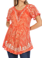 1 x Brand New Sakkas 16482 - Ash Speckled Tiedye Embroidered Cap Sleeve Blouse Top with Embroidery Hem - Brick - OS - RRP €26.21