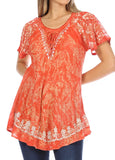 1 x Brand New Sakkas 16482 - Ash Speckled Tiedye Embroidered Cap Sleeve Blouse Top with Embroidery Hem - Brick - OS - RRP €26.21