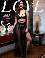 1 x RAW Customer Returns LOVE YOU SEXY Women Lace Lingerie Set Lace Bra and Belt with Long Sheer Mesh Dress Nightdress with G-string 4 Pieces Lingerie Set Black 85D - RRP €39.98