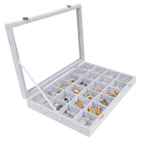 1 x RAW Customer Returns BELLE VOUS Gray Velvet Jewelry Tray Jewelry Display 24 Sections and Glass Lid Stackable Drawer Jewelry Organizer Adjustable Sections for Necklaces, Bracelets, Earrings and Watches - RRP €25.99