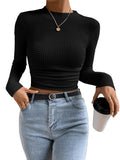 1 x Brand New GORGLITTER women s crop top waffle knit crop top long sleeve t-shirt cropped sweater basic tops autumn shirts black L - RRP €22.99