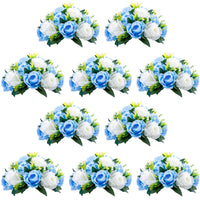 1 x Brand New NUPTIO 10 Pieces Artificial Flower Bouquet, 15 Heads Plastic Roses with Base, Suitable for Our Shop Wedding Centerpiece Flower Rack for Parties Valentine s Day Home Decor Blue White  - RRP €84.98