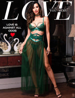 1 x RAW Customer Returns LOVE YOU SEXY Women s Lace Lingerie Set Lace Bra and Belt with Long Sheer Mesh Dress Nightdress with G-string 4 Pieces Lingerie Set Emerald Green 70B - RRP €40.32