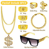 1 x RAW Customer Returns Goenb Pack of 8 Pimp Costume, 80s 90s Outfit Men s Hip Hop Costume Gold Chain Men s Gangster Gang Sunglasses Golden Dollar Chain Ring Hanzi Rings for Carnival Theme Party - RRP €16.99