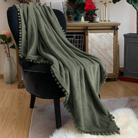 5 x Brand New LOMAO Pompom Fringe Flannel Blanket Lightweight Cozy Bed Blanket Soft Throw Blanket for Couch Sofa Suitable for All Seasons Dark Olive Green Approx - RRP €119.95