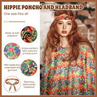 1 x RAW Customer Returns HICARER 6 Piece Hippie Costume Set Including Hippie Poncho Peace Sign Necklace Earrings 60s 70s Hairband Hippie Sunglasses Headband 70s Clothing Accessories for Women Flower  - RRP €30.24