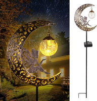 1 x RAW Customer Returns Moon solar lights garden decoration patio decoration, outdoor solar lamp for outside, solar light with ground spike, metal moon solar garden light, elf flower fairy solar light for terrace balcony stake path lawn - RRP €18.47