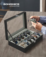 1 x RAW Customer Returns SONGMICS 12-Hole Watch Holder, Watch Box, Glass Lid, Removable Cushions, Metal Lock, Gift Idea, Black PU Surface, Grey Interior JWB12BK - RRP €25.99