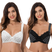 1 x RAW Customer Returns Curve Muse Plus Size Unlined Underwire Lace Bra with Padded Shoulder Straps-2 Pack-Cream Print,Black Print-80F - RRP €35.34