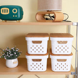 1 x RAW Customer Returns Kerhouze set of 4 storage boxes with bamboo lids, bathroom plastic storage baskets, for organizing storage box with handle for shelves kitchen, white, stackable, 26.2 x 17.3 x 13.4 cm - RRP €32.71