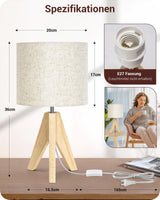 1 x RAW Customer Returns EDISHINE Set of 2 bedside lamps made of wood, tripod table lamp E27 socket, vintage beige lampshade made of linen, for decoration bedroom, living room, gift - RRP €58.02