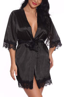 1 x Brand New FEOYA Women s Satin Dressing Gown Kimono Long Bathrobe Pajamas Negligee Nightdress Sleepwear Underwear V Neck with Belt Black L - RRP €27.6