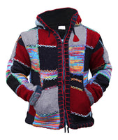 1 x RAW Customer Returns SHOPOHOLIC FASHION Unisex Hippy Boho Patch Nepalese Wool Hooded Jacket, Super Cozy Handmade Fleece Colorful Festival Sweatshirt with 2 Pockets, Red Blend M  - RRP €53.68