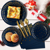 1 x RAW Customer Returns Nkaiso party tableware 144 pieces navy blue gold children s birthday girls party decoration accessories set paper tableware set including paper plates forks napkins for wedding decoration anniversary 24 guests - RRP €17.3