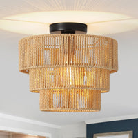 1 x RAW Customer Returns FORCOSO Rattan Ceiling Light, 3 Layers Boho Lamp Ceiling with Natural Rattan Lampshade, E27 Vintage Chandelier, Rustic Brown Ceiling Lamp for Living Room Bedroom Dining Room Kitchen Hallway - RRP €54.99