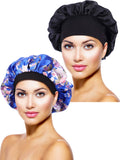 4 x Brand New 2 Pieces Satin Bonnet Night Sleep Cap Sleep Head Cover for Women Girls Sleeping Black, Blue Flower Printed  - RRP €33.44