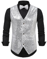 1 x RAW Customer Returns Panegy Men s Sleeveless Jacket with Sequins Vest with Bow Tie Set Festival Carnival Disco Shiny Vest Manufacturer Size L DE Size MLB-Silver - RRP €34.27