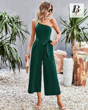 1 x RAW Customer Returns BebreezChic Jumpsuit Women Summer One Shoulder Straps Sleeveless V Neck Long Overall Romper Stripe Pants Sets with Belt, Dark Gray M - RRP €26.22