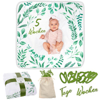 8 x Brand New ODOXIA Baby Milestone Blanket in German DE Monthly Photo Blanket Unisex Leaves Theme Personalized Baby Shower Gift for New Moms Baby Blanket Frame Included - RRP €80.56