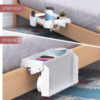 1 x RAW Customer Returns SOLEJAZZ Nightstand for Bed, Foldable Clip-on Bedside Shelf Tray College Dorm Essential Table Caddy with Cup and Cable Holder for Bedroom, White - RRP €22.99