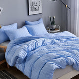 1 x RAW Customer Returns Freyamy Seersucker Bed Linen 155x220cm 2-piece Blue Embossed Stripes Structured Bedding Sets Plain Brushed Microfiber Soft Duvet Cover with Zipper and 1 Pillowcase 80x80cm - RRP €28.09