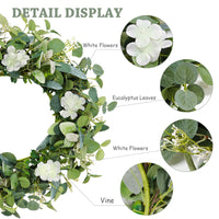 1 x RAW Customer Returns Weldomcor Wreath Artificial Eucalyptus, Artificial Eucalyptus Wreaths for the Front Door Wreath 50 cm Large Green Leaf Wreaths with White Flowers for Wedding Door Party Window Wall Garden Decoration - RRP €24.99