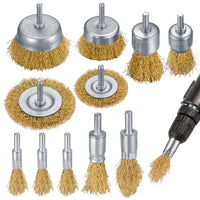 1 x RAW Customer Returns 11 piece wire brush set, brass brush brush attachment metal, metal wheel and cup wire drill brushes with 1 4 inch shaft for drill removal polishing wood removal - RRP €13.1