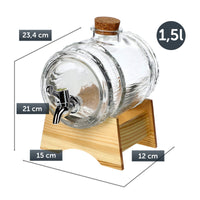 1 x RAW Customer Returns KADAX barrel with tap, barrel-shaped drinks dispenser made of glass 1-3L, barrel with tap, transparent dispenser with wooden base, alcohol dispenser ideal for whiskey, brandy, juices, lemonade 1.5L  - RRP €24.0