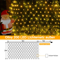 1 x RAW Customer Returns Ollny outdoor net lights 3x2m, 200 LED fairy lights outdoor net warm white with remote control timer, IP67 waterproof indoor net lights 8 modes for bushes garden room balcony - RRP €23.99