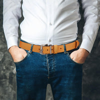 1 x RAW Customer Returns BISON DENIM belt men, leather belt jeans belt business belt metal retro denim belt for men clothing 38mm wide with gift box - RRP €25.2