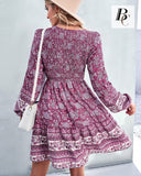 1 x Brand New BebreezChic Women s Dresses Boho Mini Dresses Long Sleeve V-Neck Tunic Vintage High Waist Pleated Party Dress Beach Dresses Purple M - RRP €39.36