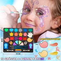 1 x RAW Customer Returns Oukzon Children s Make-up Set, 18 Large 32 PCS Professional Face Paint with 32 Stencils, 116 Rhinestones, 2 Hair Chalk, Glitter - Children, Girls Make-up Set Gift for Christmas Halloween - RRP €15.99