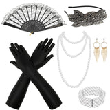 11 x RAW Customer Returns 1920s Flapper Costume Accessories Including Pearl Leaf Flapper Headband, Gloves, Earrings, Pearl Necklace, Bracelet, Fan Flapper Holder Set for Women Halloween Dress Black  - RRP €159.61