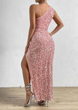 1 x RAW Customer Returns Justchicc Women Sexy One Shoulder Sleeveless Sparkling Sequin Party Dress Maxi Dress Pink Medium - RRP €60.49