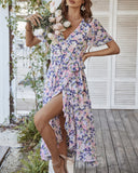 1 x RAW Customer Returns Women s Summer Long Dress V-Neck Short Sleeve Floral Maxi Dress A-Line Ruffle Summer Dress Slit Belt Boho Beach Dress Wrap Dress 2023, B Apricot, M - RRP €39.99