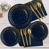 1 x RAW Customer Returns Nkaiso party tableware 144 pieces navy blue gold children s birthday girls party decoration accessories set paper tableware set including paper plates forks napkins for wedding decoration anniversary 24 guests - RRP €17.3