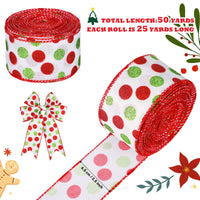 2 x Brand New 2 Rolls Christmas Wired Edge Glittering Polka Dot Ribbons Red Green Polka Dot Ribbons Polka Dot Printed Ribbon Decorative Linen Ribbon White Base, 2.5 Inch x 25 Yard per Roll  - RRP €61.1