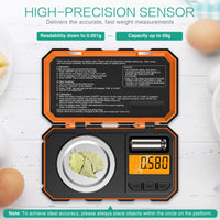 1 x RAW Customer Returns ORIA Digital Precision Scale, 50g 0.001g Milligram Scale, Precision Scale, Pocket Scale Jewelry Scale, Portable Mini Scale, 50g Calibration Weights Tweezers, Tare Function, LCD Display - Orange - RRP €20.64