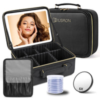 1 x RAW Customer Returns Travel Beauty Case with LED Mirror, Portable Cosmetic Organizer with Adjustable Divider Compartments, Matte Black - RRP €49.99