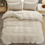 1 x RAW Customer Returns Freyamy Seersucker Bed Linen 200x220cm 3-Piece Beige Embossed Stripes Structured Bedding Sets Plain Brushed Microfiber Soft Duvet Cover with Zipper and 2 Pillowcases 80x80cm - RRP €35.11