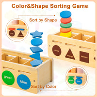 1 x RAW Customer Returns JUSTWOOD Montessori Matching Wooden Toys for Preschoolers 3-6 Years, Shape and Color Sorting Box for Boys and Girls, Wooden Stacking Toys Including Geometric Blocks and Math Counters - RRP €24.99