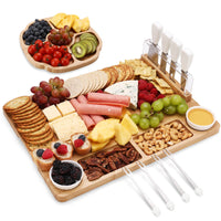 1 x RAW Customer Returns hecef Bamboo Cheese Board with Utensils 13 Pieces, 4 Cheese Knives, 2 Ceramic Bowls, 4 Serving Forks, Cold Cuts Set - Gift Idea - Food Serving Trays - RRP €61.56