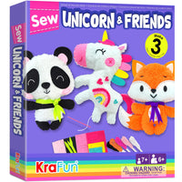 1 x RAW Customer Returns KRAFUN Unicorn Beginner Animal Sewing Kit for Kids Ages 7-13, Includes 3 Stuffed Animal Dolls Panda, Fox, Instructions and Plush Felt Materials to Learn Sewing and Embroidery - RRP €27.99