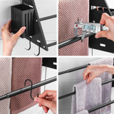 4 x Brand New LANMOU Towel Holder Without Drilling, Towel Holder Black Wall, 38-75cm Extendable, with Hooks, 3 Tier Towel Holder for Bathroom Kitchen, Rust Protection - RRP €120.96